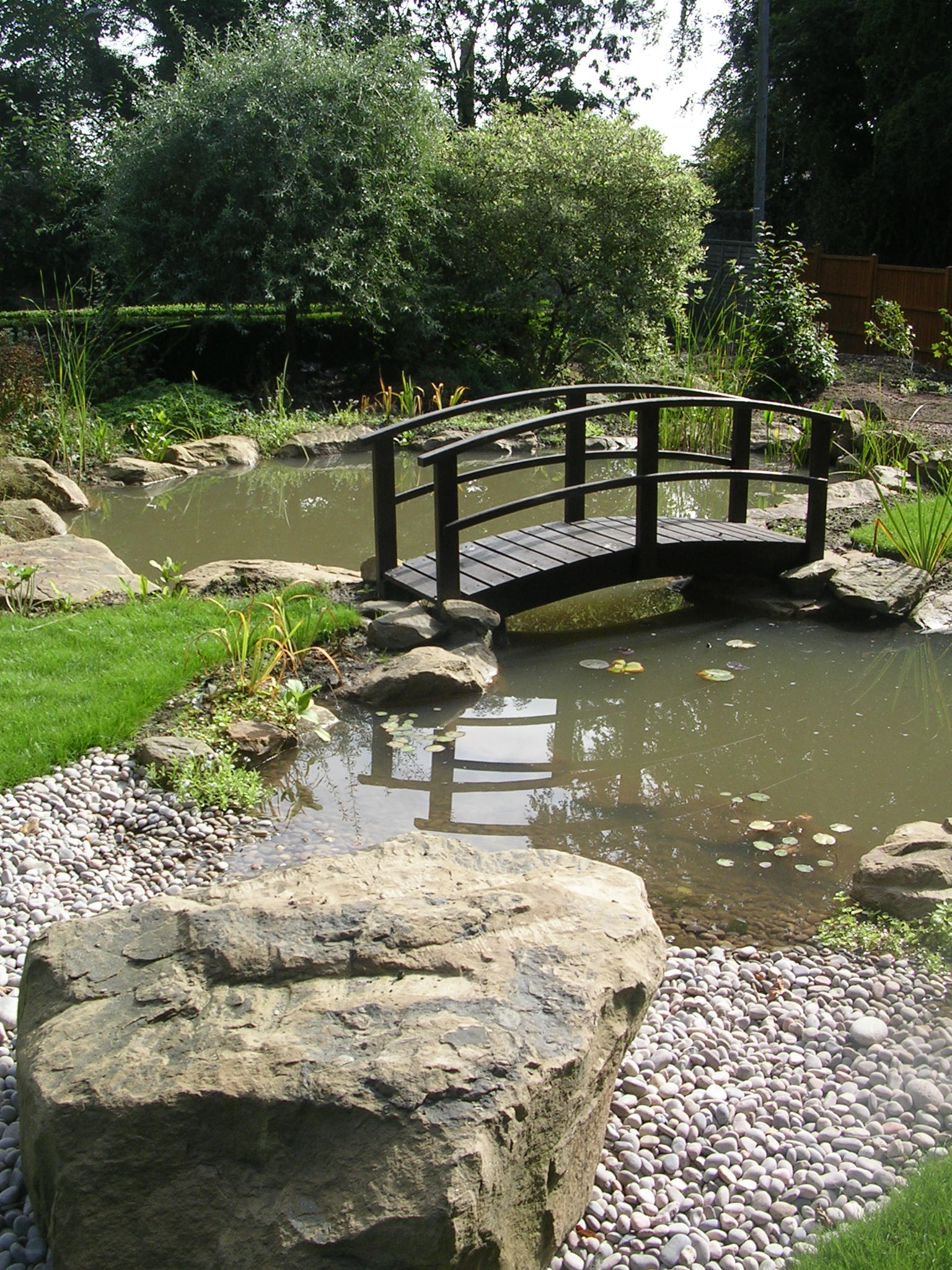 Large pond with arched bridge Almond Landscapes